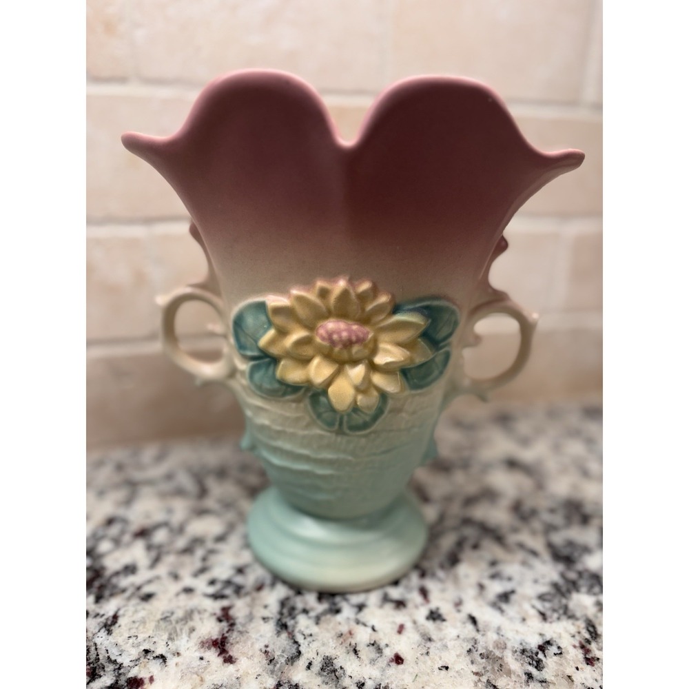 Vtg  Hull Art Pottery waterLily Double Handled Vase Pink Turquoise Matte L 8 8.5